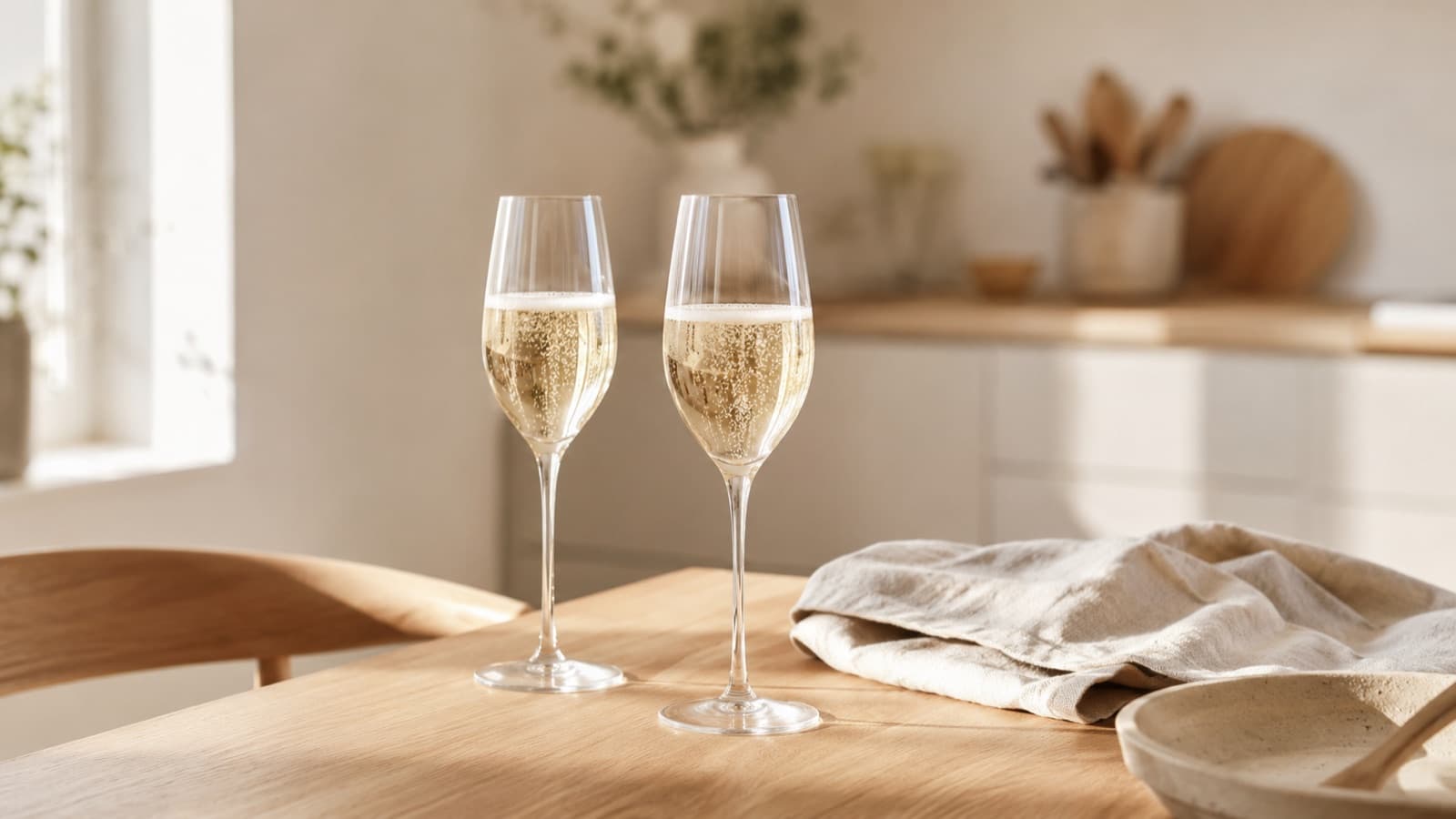 Två glas mousserande vin i varmt dagsljus på ett ljust ekbord