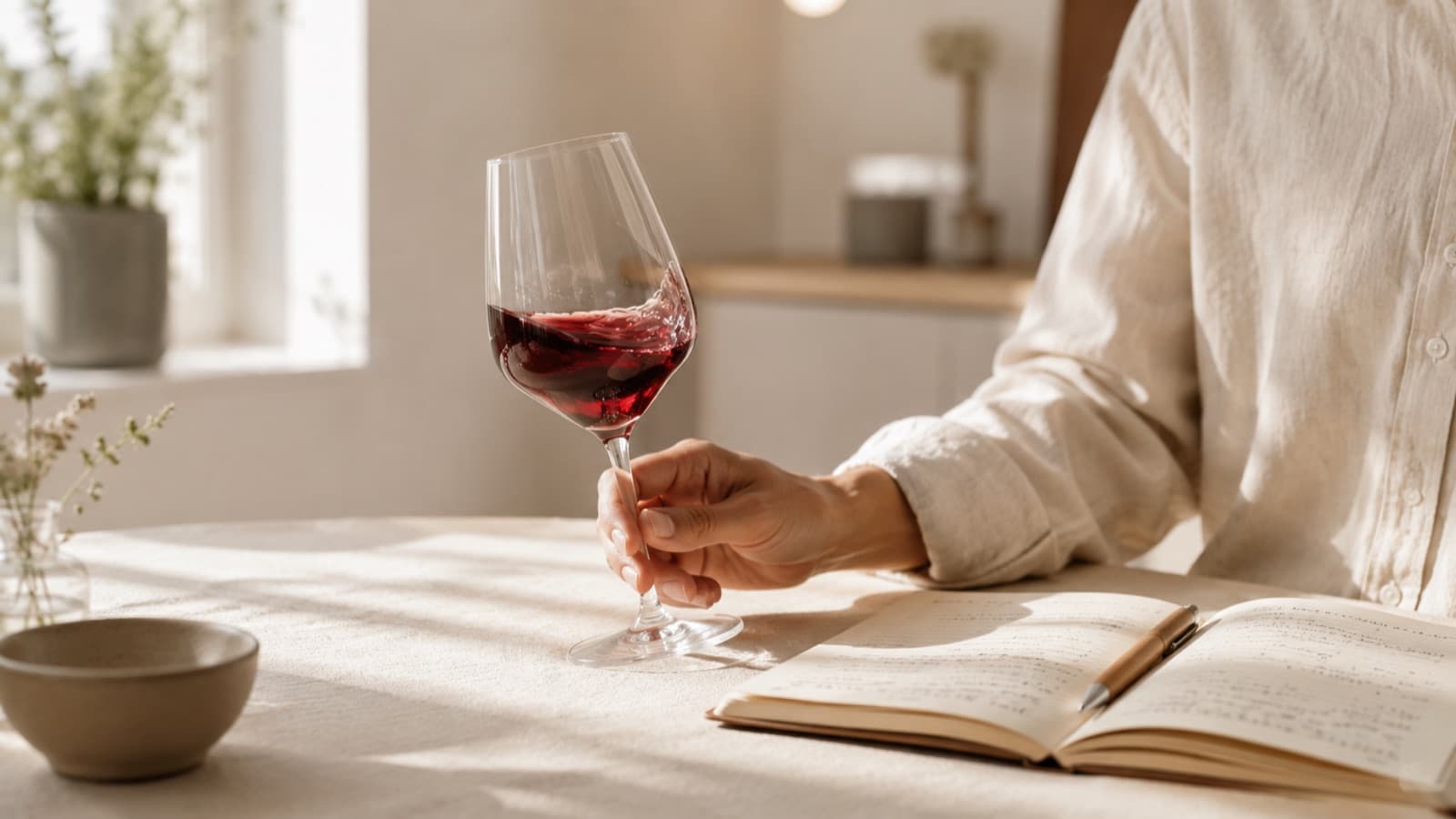 En hand snurrar ett glas rött vin över ett ljust bord med anteckningsbok
